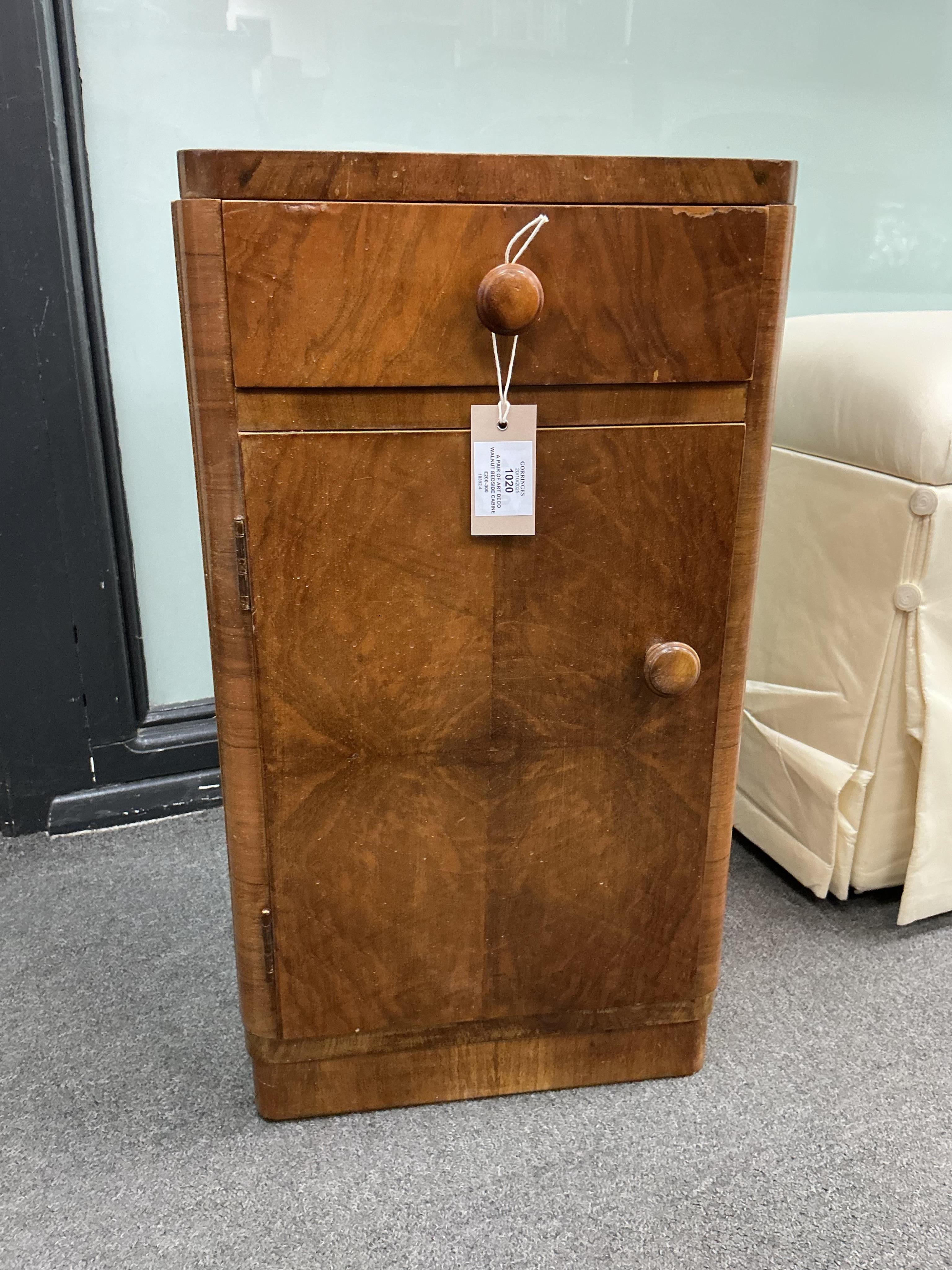 A pair of Art Deco walnut bedside cabinets width 33cm, depth 33cm, height 60cm
